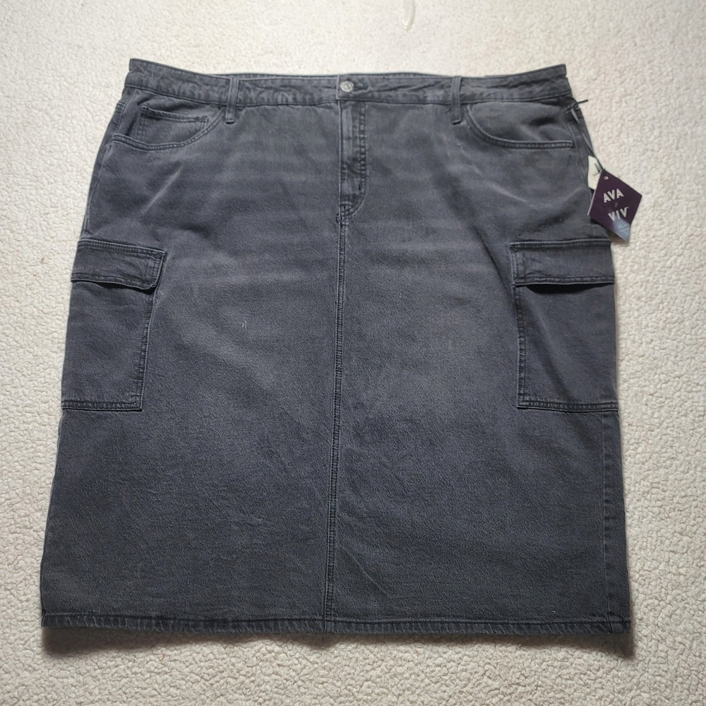 Ava & Viv Grey Denim Cargo Midi Skirt High Rise No-Gap Waistband Size 26W NWT